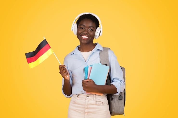 happy teen african american woman student wireless headphones with books flag germany 116547 90660